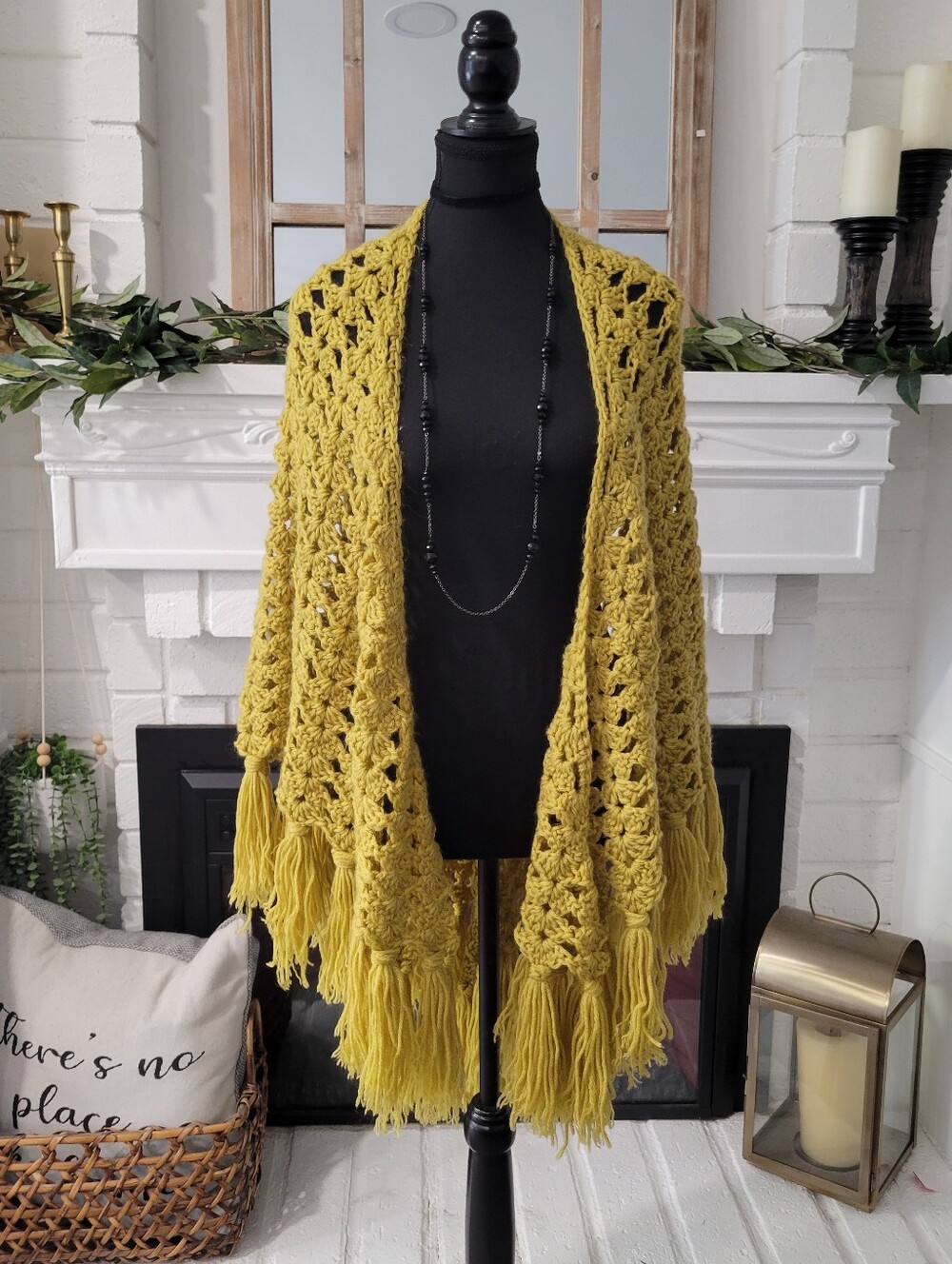 Handmade Mustard  Bohemian Crochet Fringe Shawl One Size